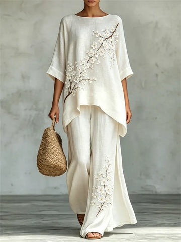Classy Almond Blossom Flowy Linen Tunic & Wide Leg Pants Set