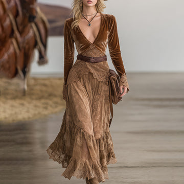 Women's Vintage Outdoor Velvet Lace Dress