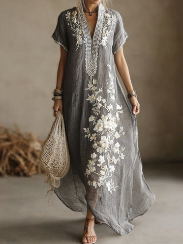 Vintage Japanese Floral Art Embroidered Linen Maxi Dress