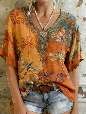 Women's Dragonfly And Floral Art  Flowy Linen Blend Short Sleeve Tops