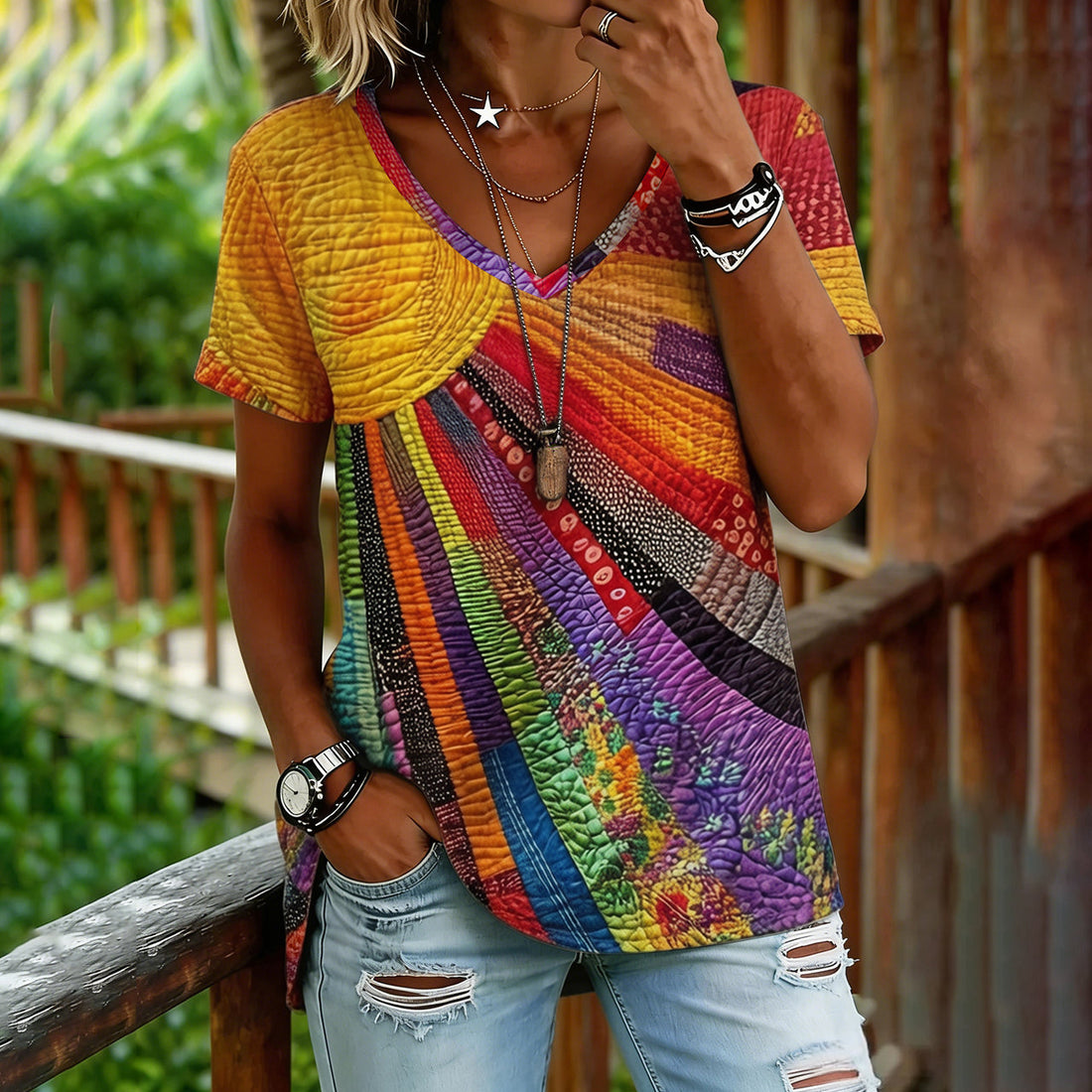 Women's Colorful Sun Collage Art Print Short Sleeve  V Neck Tshirt