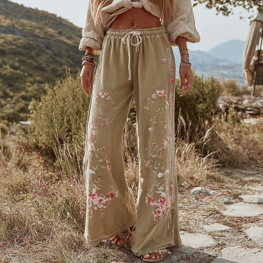 Women's Retro Bohemian Rose Art Linen Pants