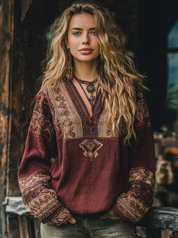 Women's Vacation Boho Tribal Ethnic Print V-neck Linen Blend Tops