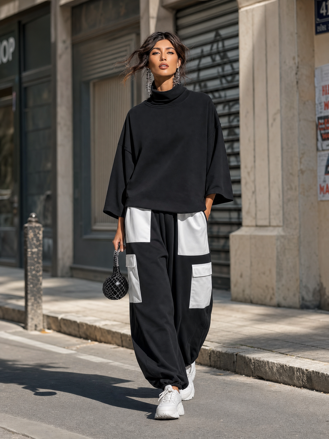 Women’s Black Cotton Knit Oversized High Neck 3/4 Sleeve Sweatshirt & Elastic Cuff Color Block White Patch Pocket Jogger Cargo Pants Two Piece Tracksuit Set MDZ0696G6YZJ