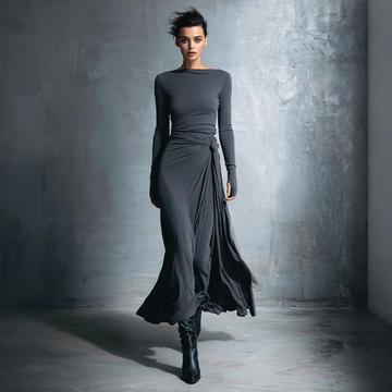 Women's Vintage Elegant Gray Draped Maxi Dress With Long Sleeves