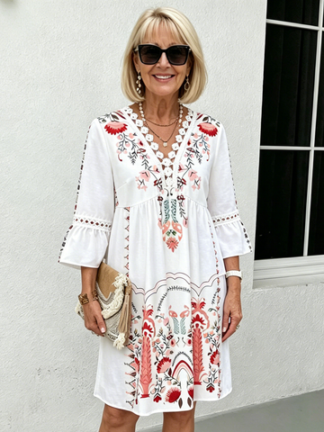 V-neck Printed Lace Stitching Bohemian Casual Vacation Style Dress