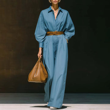 Temperamental And Fashionable Street Bat Sleeve Belt Blue Shirt-style Jumpsuit
