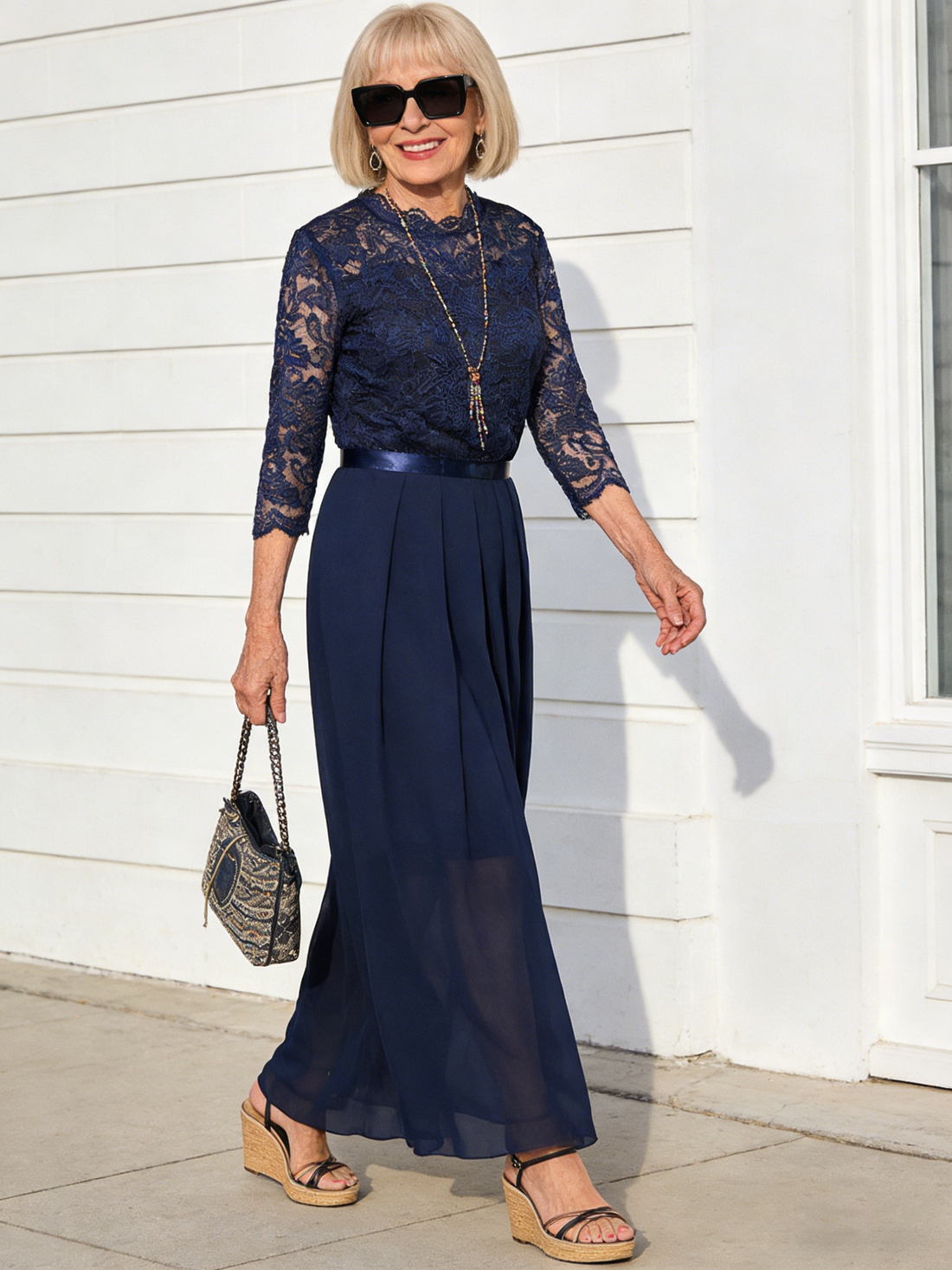 Evening Dress Splicing Dress Crew Neck Lace Dress Evening Dress