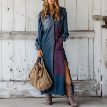 Western Retro Plaid And Dark Blue Denim Long-sleeved Slit Maxi Dress