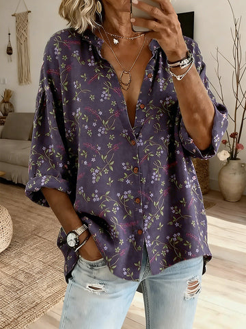 Women's Vintage Floral Pattern Art Print Flowy Linen Blend Shirts