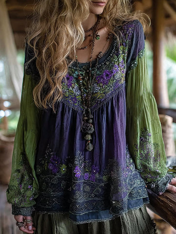 Women's Vacation Boho Tribal Ethnic Print Round-neck Linen Blend Tops