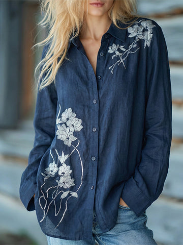 Women's Floral Pattern Linen Long Sleeve Shirt