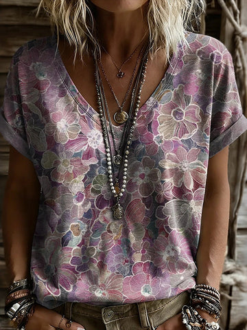 Women's Retro Floral Art Print Casual V-neck T-shirt