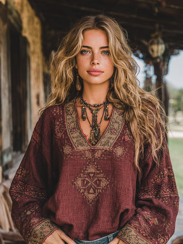 Women's Vacation Boho Tribal Ethnic Patterns Print V-neck Linen Blend Tops