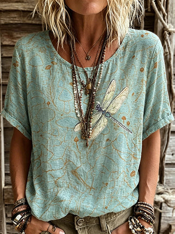 Women's Bohemian Dragonflies Art Casual Linen T-shirt