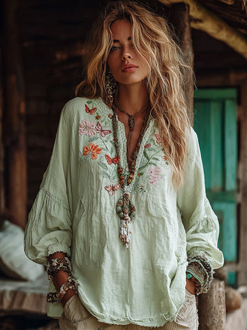 Women's Vacation Boho Floral And Butterfly Print Linen Blend Tops