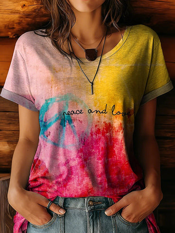 Women's Retro Colorful Gradient Peace And Love Art Print T-shirt