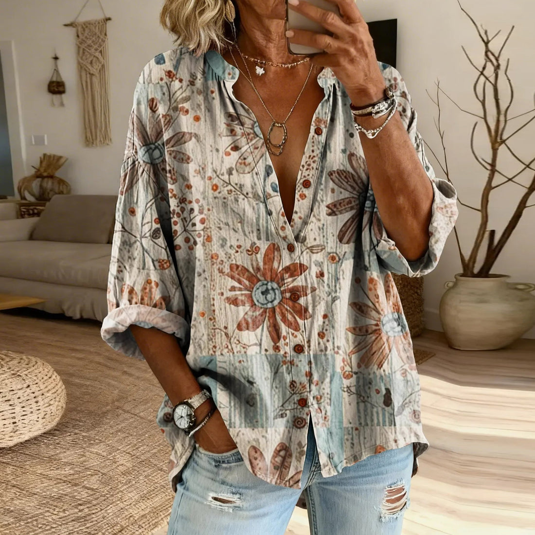 Women's Retro Floral Art Print Casual Cotton Linen Shirt
