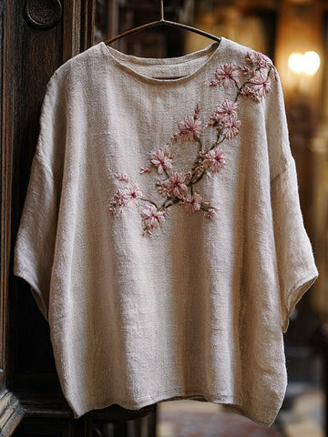 Women's Vintage Cherry Blossom Embroidered Casual Linen Top