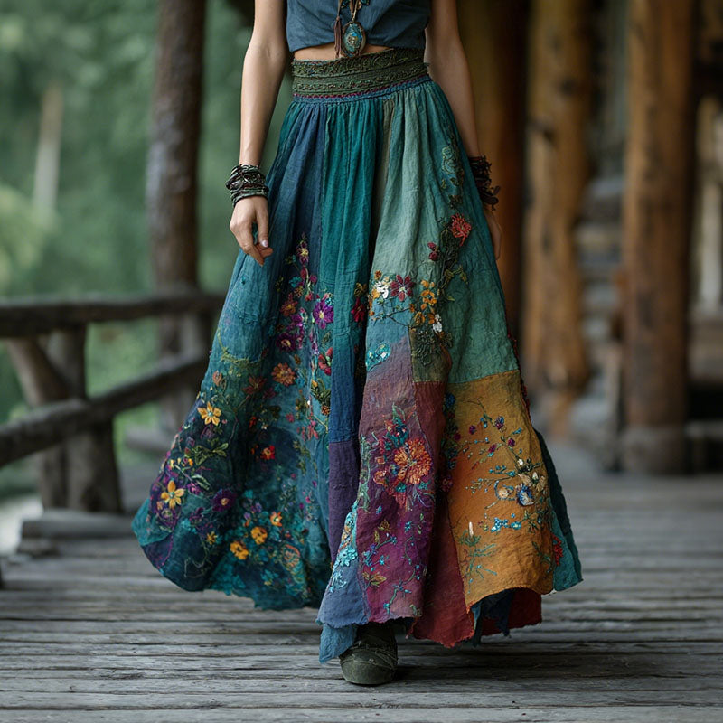Women's Retro Boho Floral Embroidery Patchwork Art Linen Blend Casual Midi Skirt