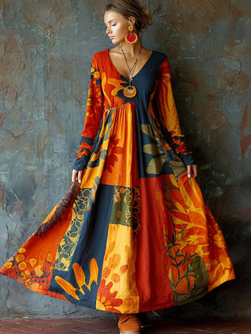Women's Hippie Style Floral Color-blocked Print Maxi Dress