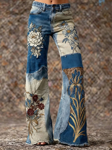 Women's Bohemian Style Floral Patchwork Art Jeans