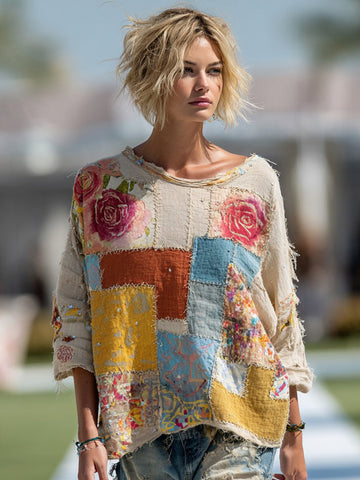 Women's Vintage Bohemian Floral Print Casual Linen Shirt