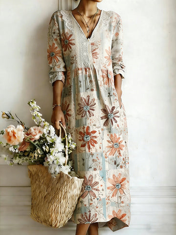 Women's Bohemian Vintage Floral Art Print Flowy Linen Blend Casual Dress