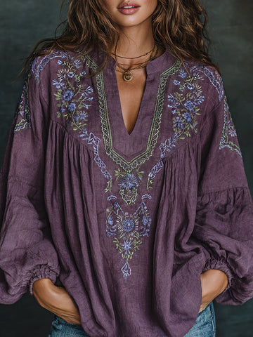 Women's Floral Embroidered Art Print Flowy Linen Blend Casual Tunic