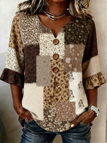 Women's Bohemian Vintage Floral  Patchwork Art Print Flowy Casual Tops