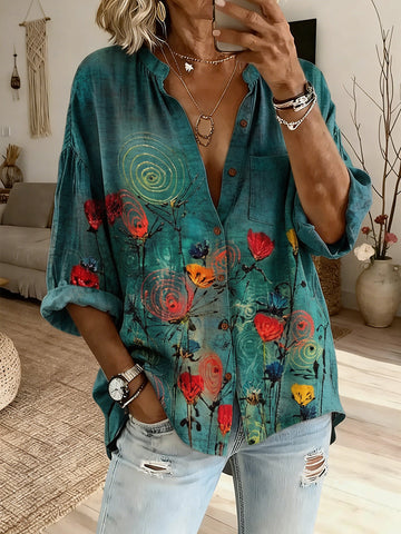 Women's Vintage Floral Pattern Art Print Flowy Linen Blend Shirts