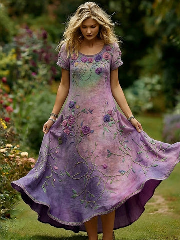Women's Vintage Purple Rose Gradient Pattern Casual Dress