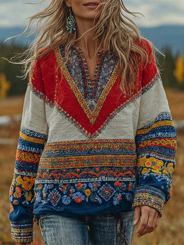 Women's Bohemian Contrast Floral Linen Shirt