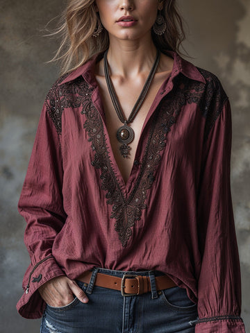 Women's Vintage Floral Art Print Linen Tops