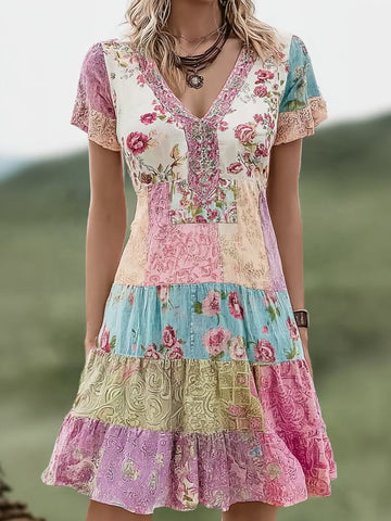 Vintage Boho Floral Patchwork Comfy Linen Midi Dress