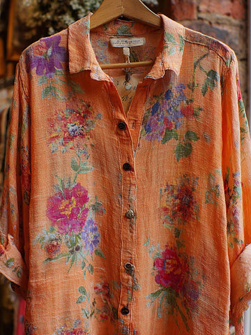 Women's Bohemian Floral Print Casual Linen Long-sleeved Shirt