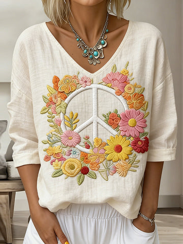 Women's Vintage Floral In Peace Print Flowy Linen Blend  Three-quarter Sleeve V Neck Linen Tops