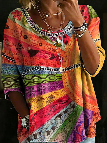 Women's Bohemian Vintage Rainbow Art Print Flowy Linen Blend Casual Tops