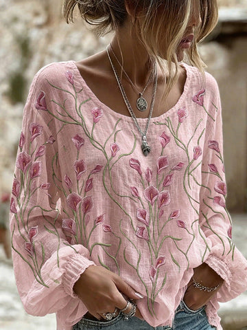Women's Flower Print Crew Neck Long Sleeve Linen Blend T-shirt