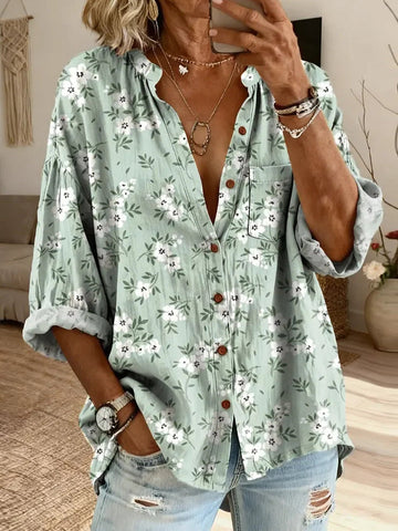 Ethnicity Flowers Light Green Women's Vintage Art Print Casual Cotton And Linen Shirt