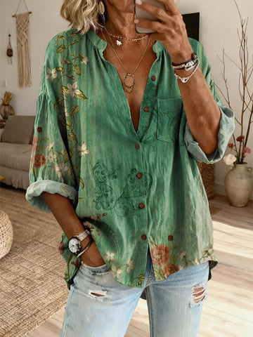 Ethnicity Geometry Flowers Green Women's Vintage Art Print Casual Cotton And Linen Shirt