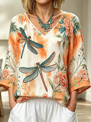 Women's Vintage Floral Dragonfly Art Print Flowy Linen Blend  Three-quarter Sleeve V Neck Linen Tops