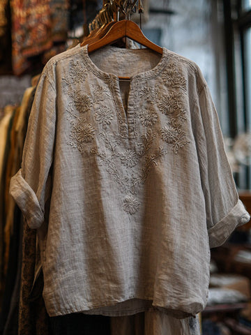 Women's Ethnic Floral Embroidered Casual Linen Shirt