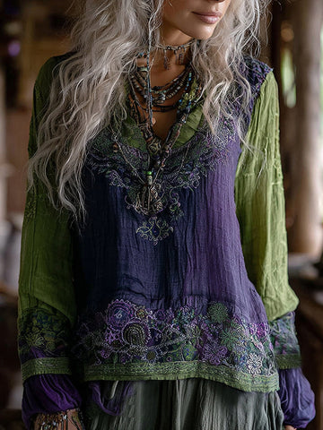 Women's Vintage Vacation Boho Tribal Ethnic Print V-neck Linen Blend Tops