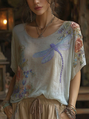 Women's Vintage Floral And Dragonfly Pattern Linen Blend Casual T-shirt