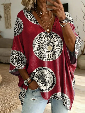 Women's Vintage-style Totem Art Print Casual Loose  Top