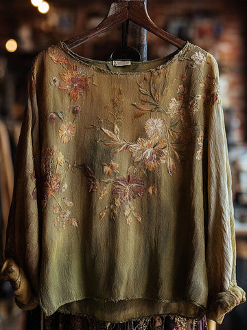 Women's Bohemian Floral Print Casual Linen Round Neck T-shirt