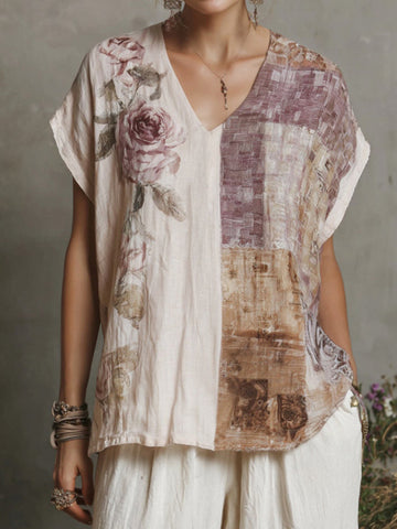 Women's Vintage Rose And Natural Texture Print Linen Blend V-neck T-shirt