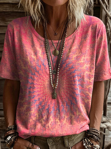 Women's Vintage Ethnic Pink Mandala Art Printed Casual Round Neck Short Sleeve T-shirt