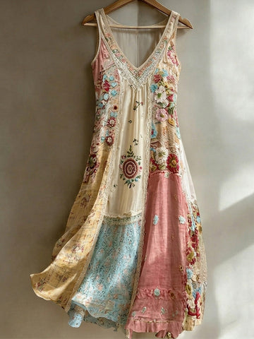 Women's Bohemian Floral Patchwork Sleeveless V-neck Dress